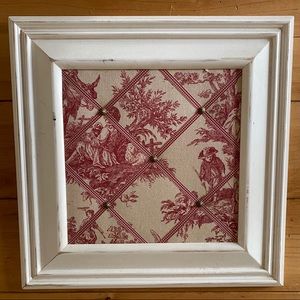 VINTAGE Bulletin Board/Push-Pin Board w/Red and Cream Toile & White Wood Frame